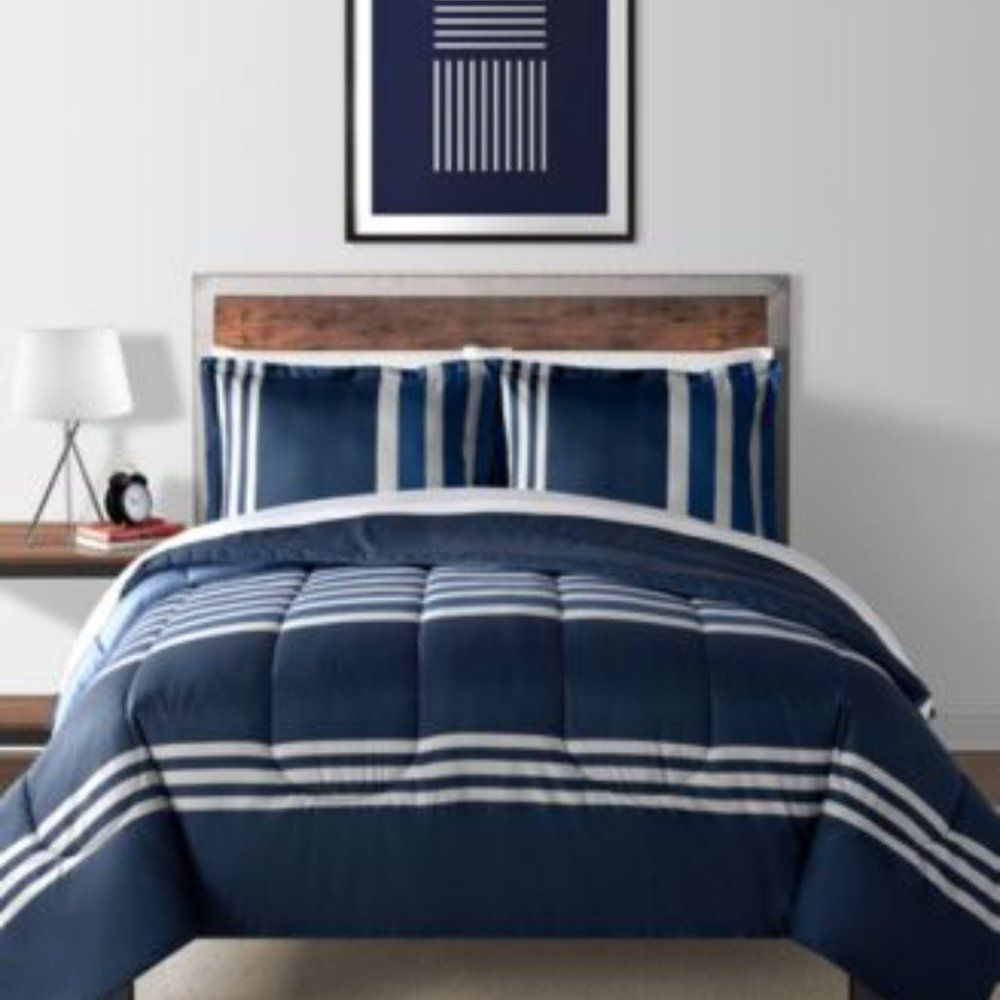 Sunham Skyline Stripe Comforter Set Navy Full/Queen